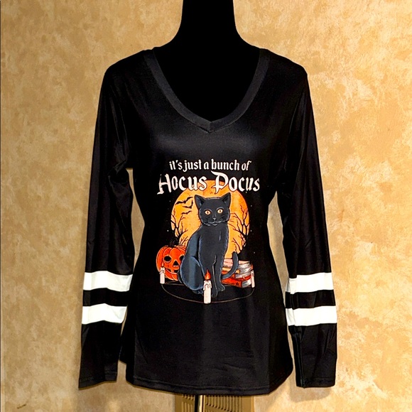 🐈‍⬛ Hocus Pocus Cat Print Long Sleeve Striped V Neck T-Shirt - Picture 10 of 10